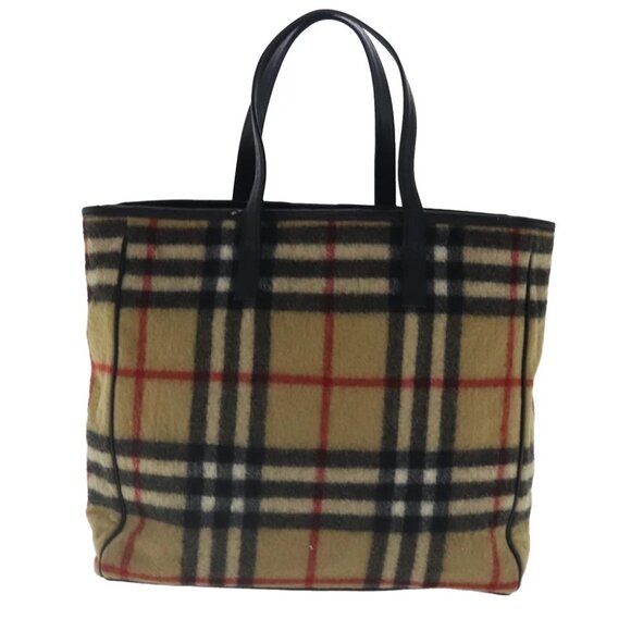Burberrys Nova Check Blue Label Tote Bag Wool Leather Beige Silver - Picture 1 of 14